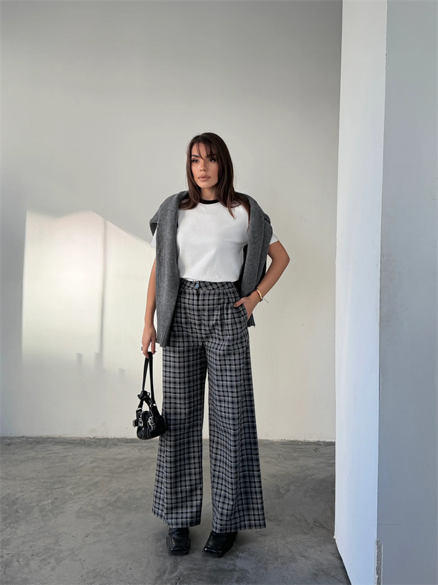 Ekose Üç Pile Palazzo Pantolon  - Siyah