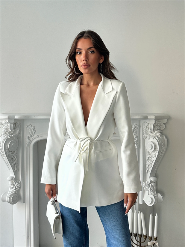 Bağlama Detay Ceket - Beyaz