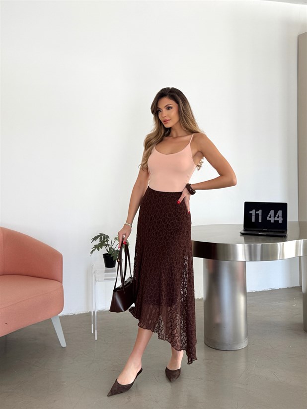 Asimetrik Dantel Etek - Kahve