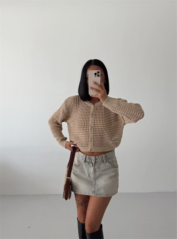 Simli Crop Hırka  - Vizon