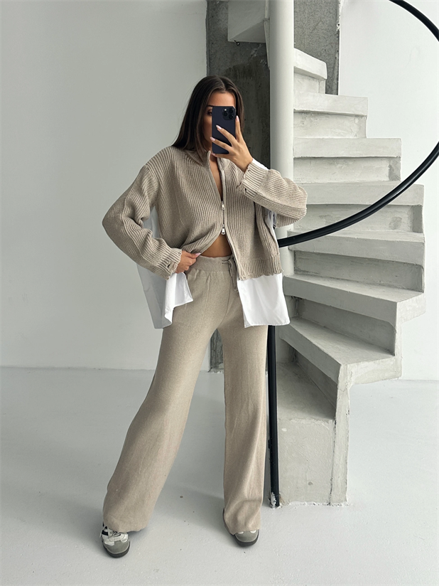 Poplin Fermuarlı Triko Takım - Vizon