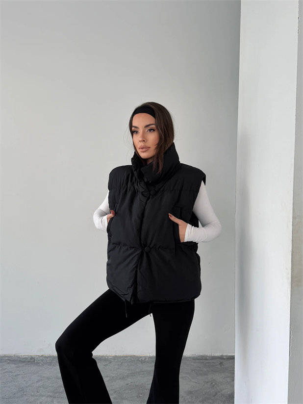 Düğmeli Yan Cep Detay Şişme Yelek - Siyah
