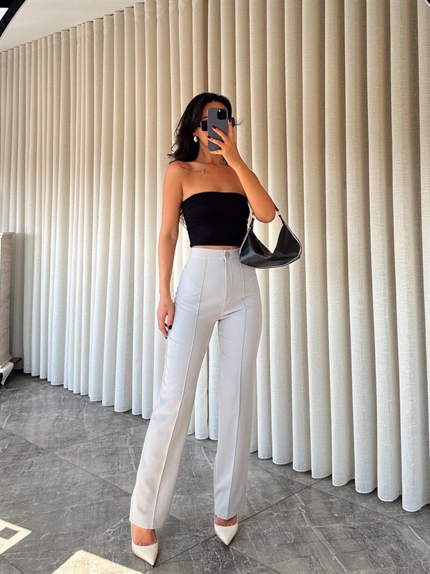 Ön Dikiş Boru Paça Kumaş Pantolon - Gri