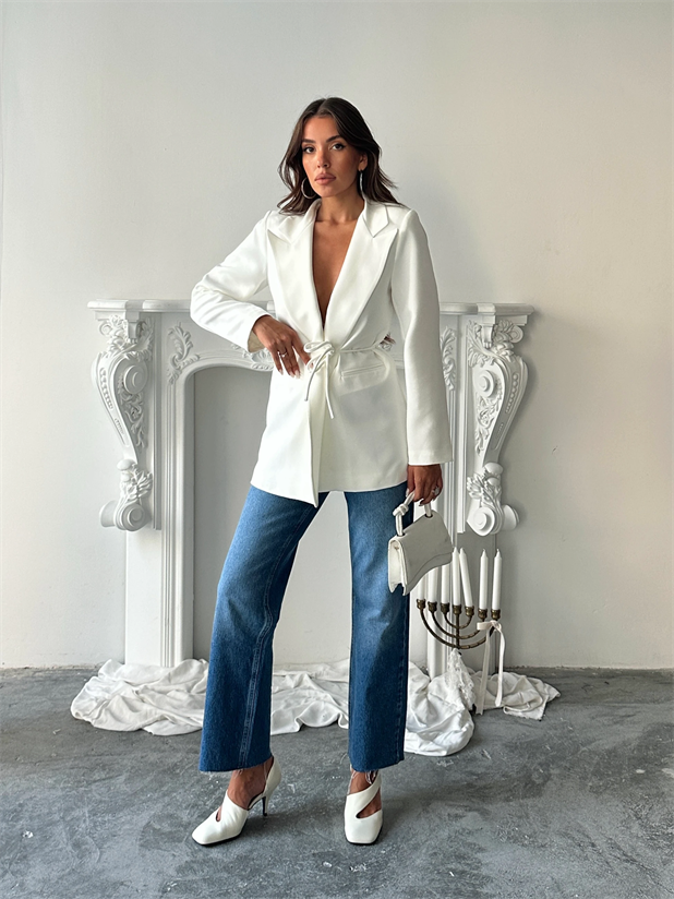 Bağlama Detay Ceket - Beyaz