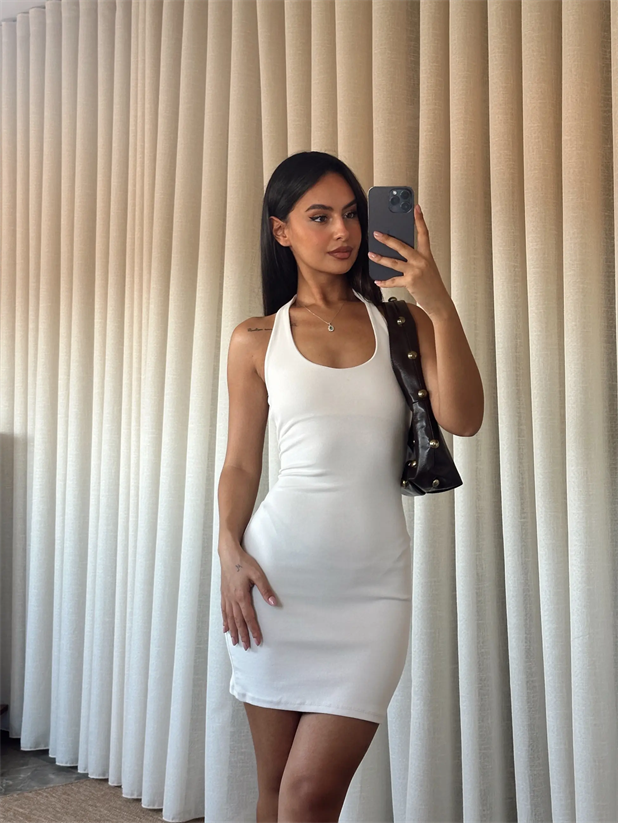 Boyundan Geçmeli Elbise - Bej