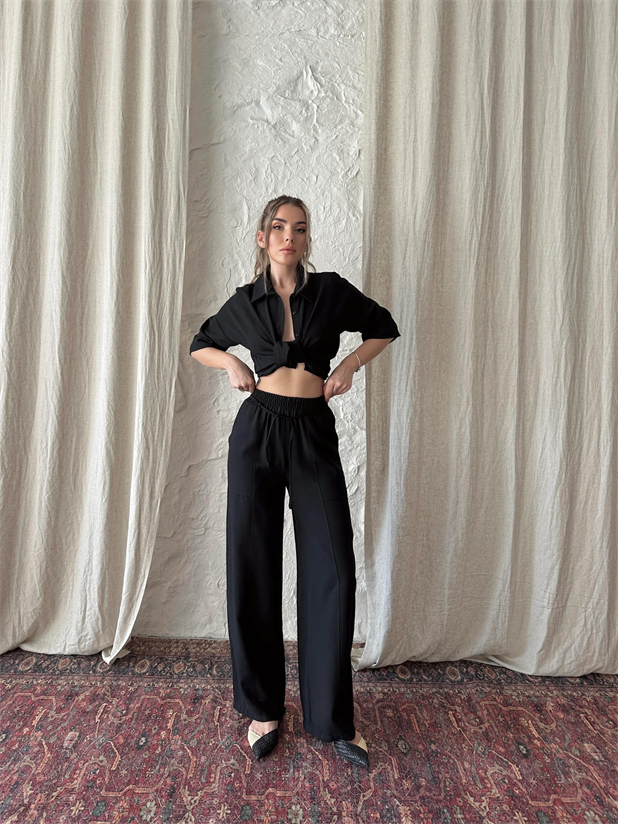 Belina Keten Bel Detay Pantolon Siyah - Siyah
