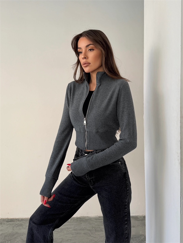 Ribanalı Balıkçı Triko Hırka - Gri