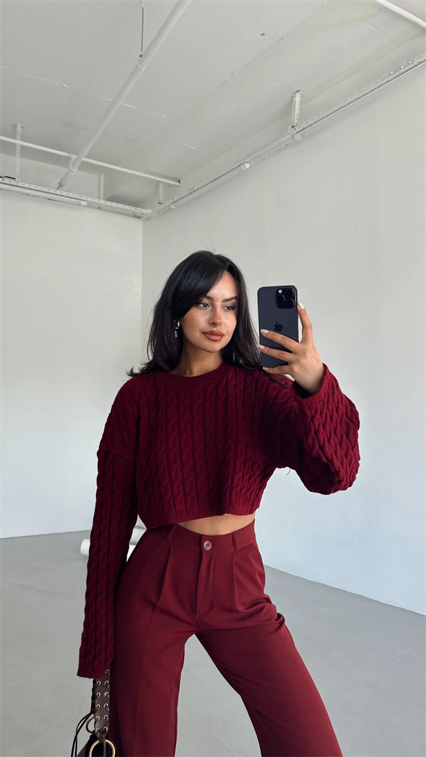 Saç Örgü Triko Crop Kazak Bordo - Bordo