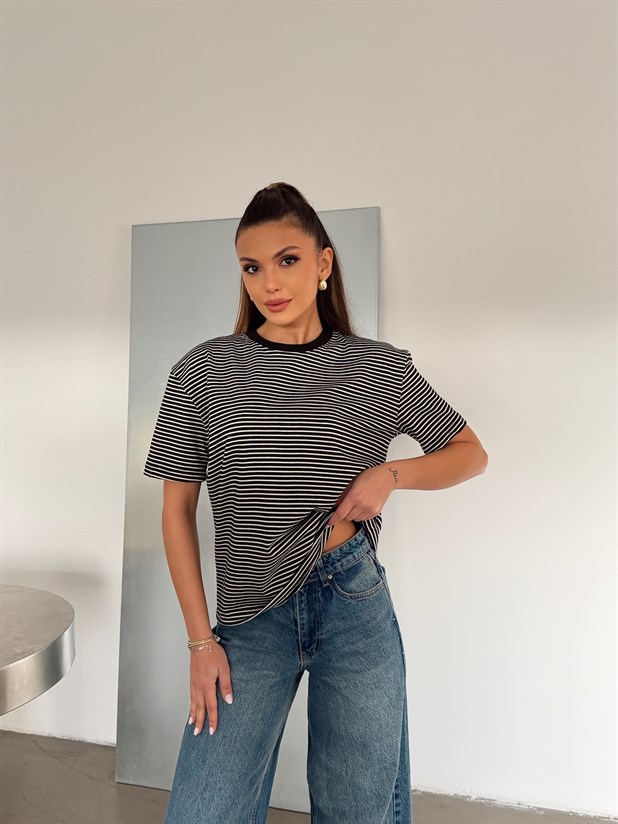 Çizgili Kısa Kol Basic - Siyah