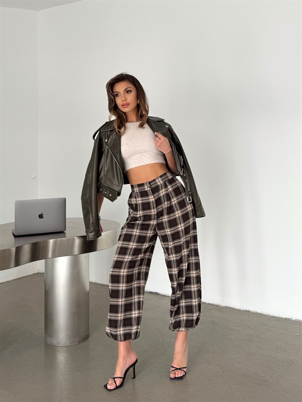 Ekose Jogger Pantolon - Kahve