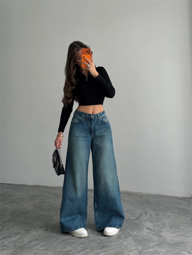 Bol Paça Yıkamalı Jean Pantolon - Mavi