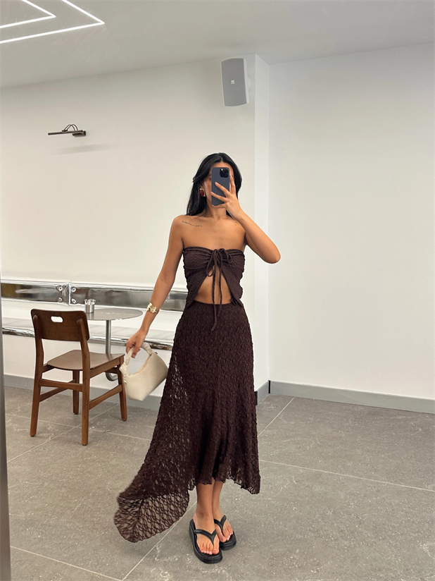 Asimetrik Dantel Uzun Etek - Kahverengi