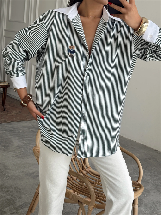 Çizgili Ayıcıklı Gömlek - Haki