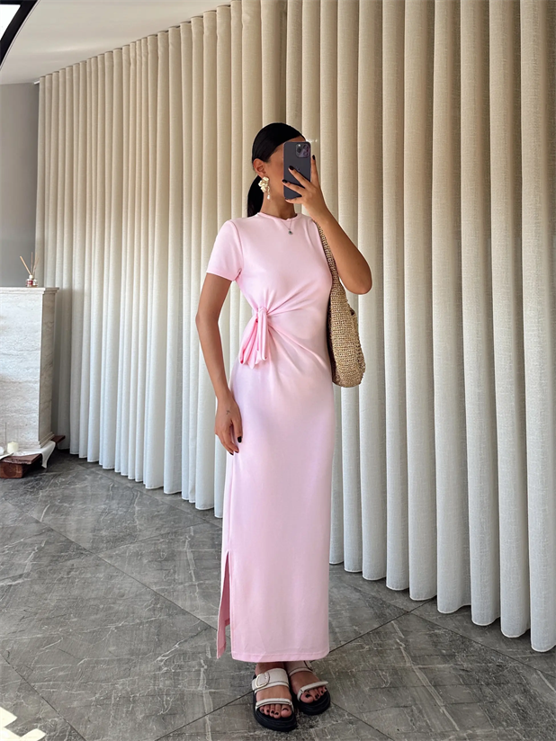 Bağlamalı Modal  Kumaş Elbise - Pembe