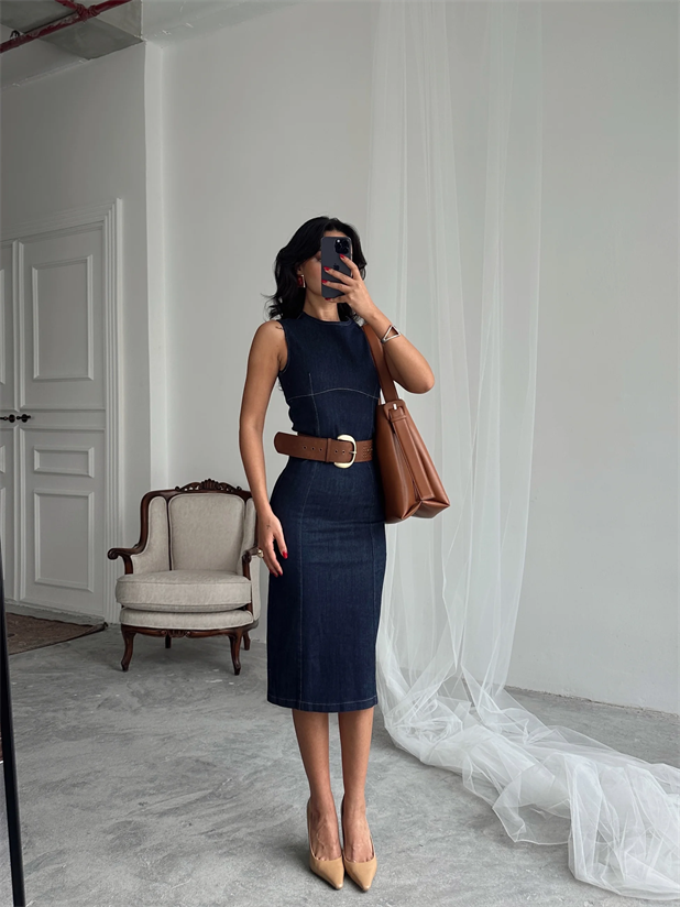 Sıfır Kol Denim Elbise - Lacivert