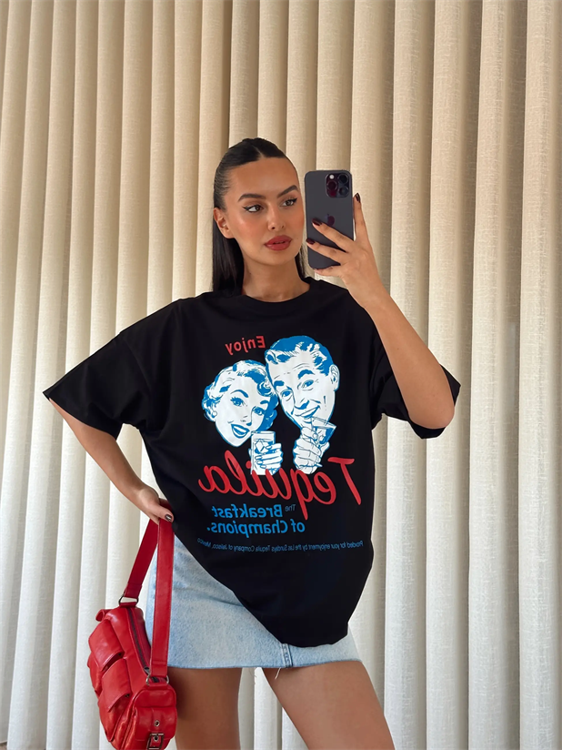 Tequila Baskılı Tshirt Siyah - Siyah