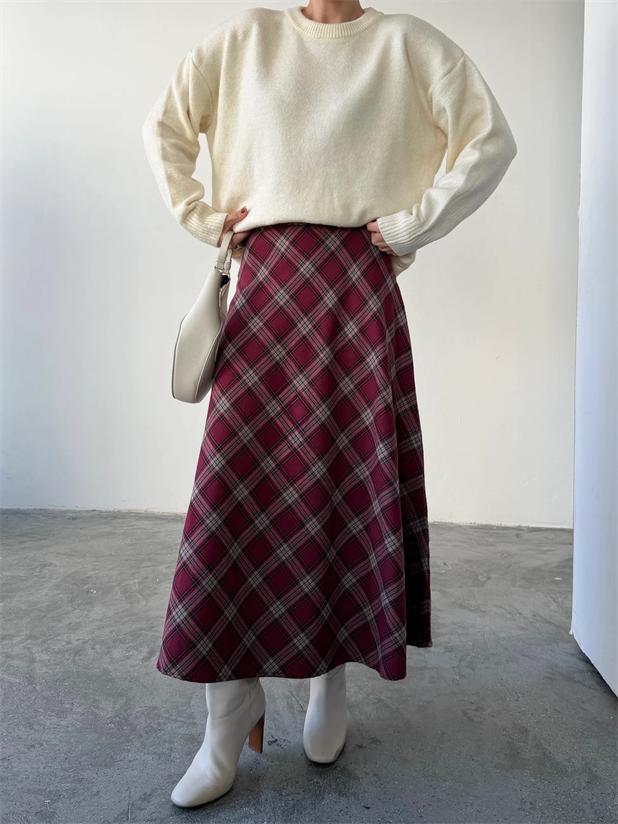 Kloş Ekoseli Etek - Bordo