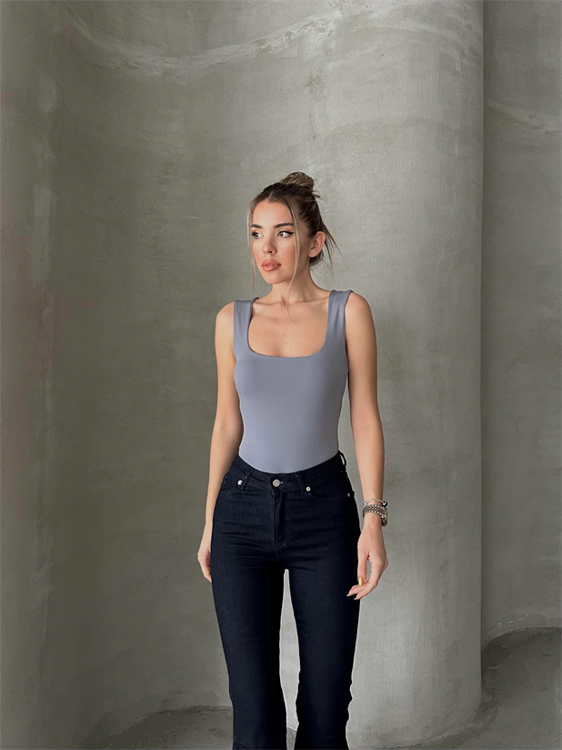 Hera Kare Yaka Bodysuit Gri - Gri