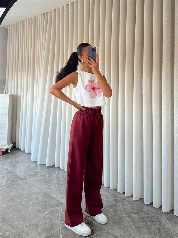 Bel Lastik Detay Palazzo Eşofman - Bordo