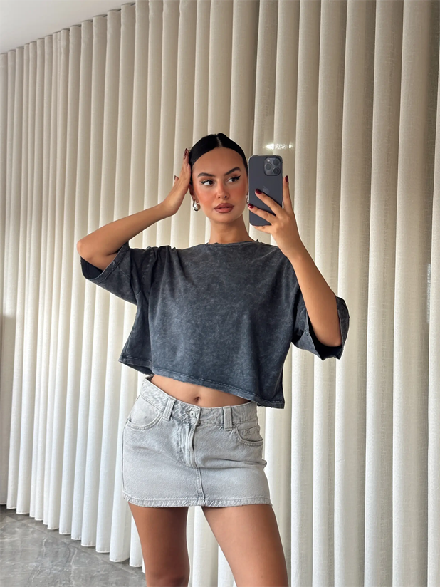 Yıkamalı Düz Crop Basic - Füme