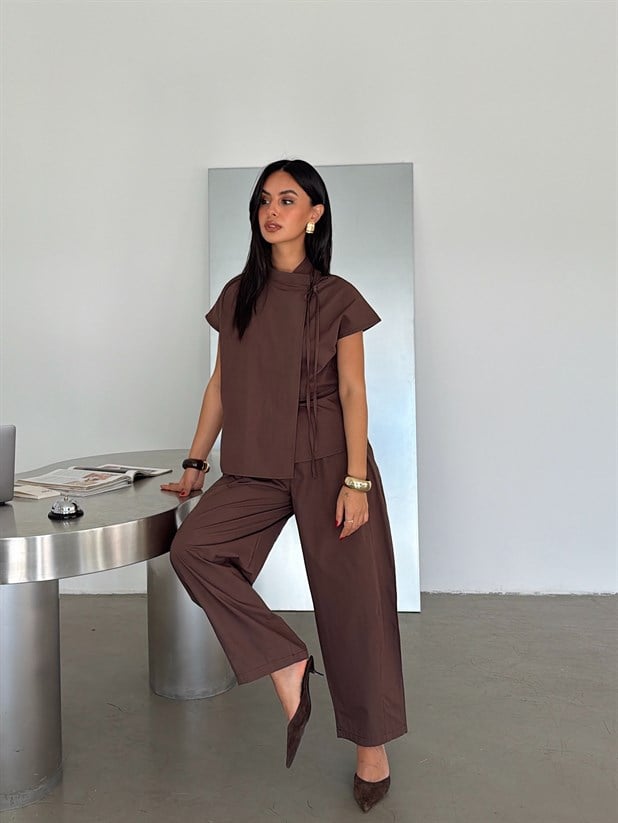 Poplin Balon Pantolon Takım - Kahve