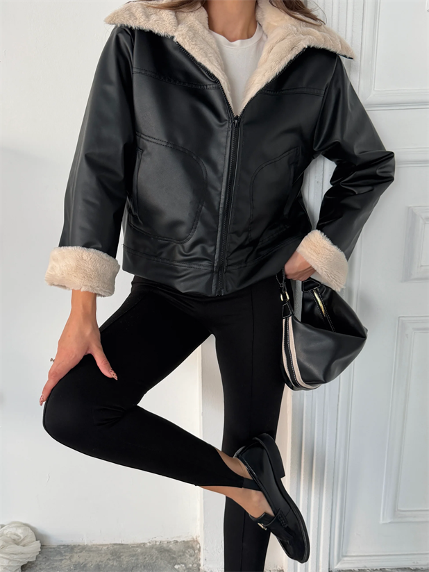 İçi Kürklü Deri Mont - Siyah