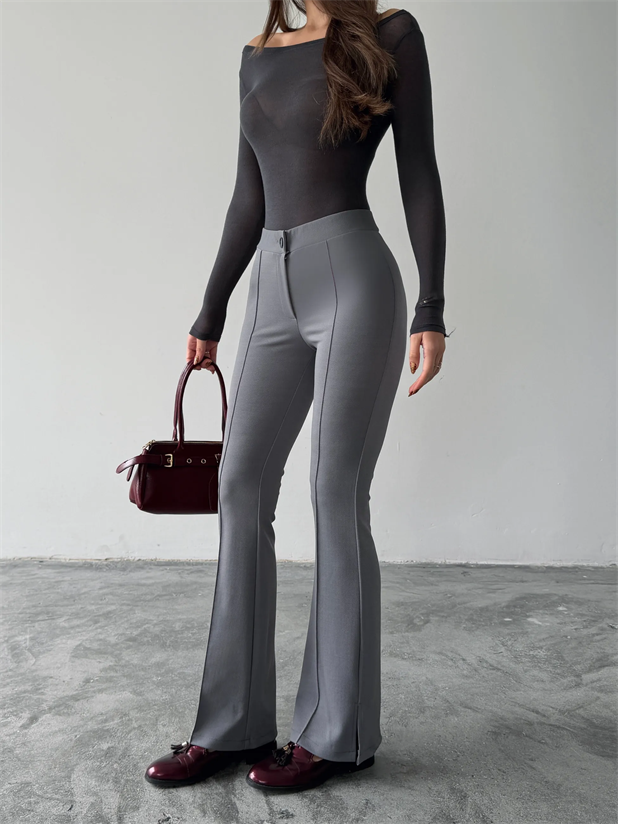 Çimalı Yırtmaç Pantolon  - Gri