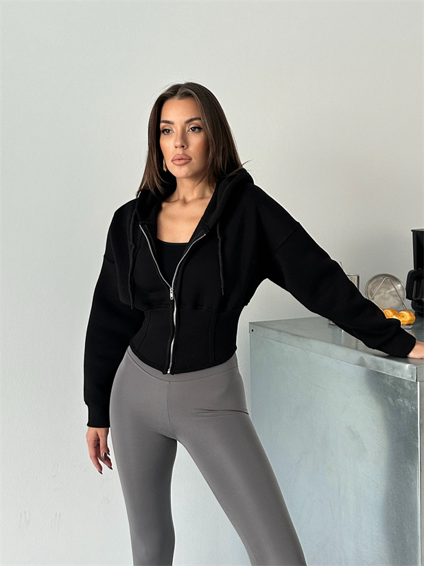 Korse Manşet Fermuarlı Sweat Hırka - Siyah