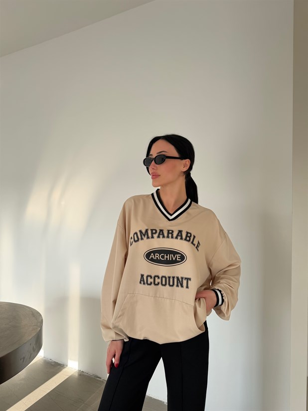 Önü Baskılı Şerit Detay Sweat - Taş