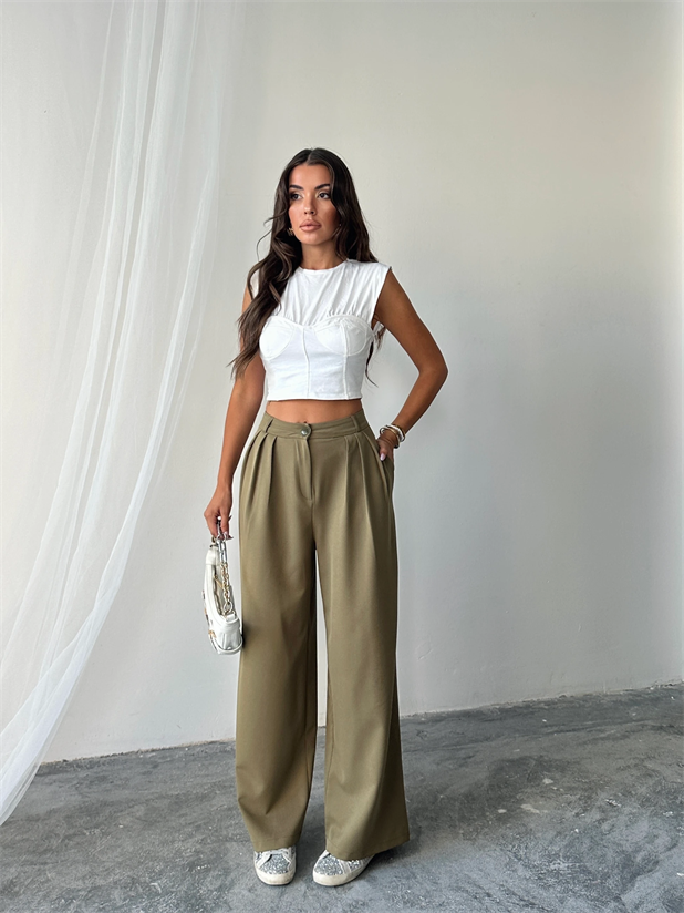 Üç Pile Palazzo Pantolon - Haki