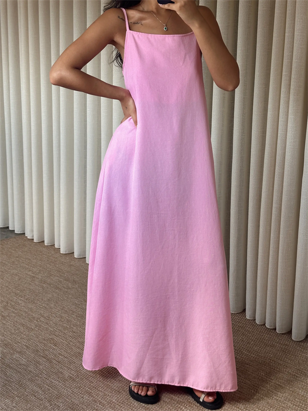 Cepli Keten Elbise - Pembe