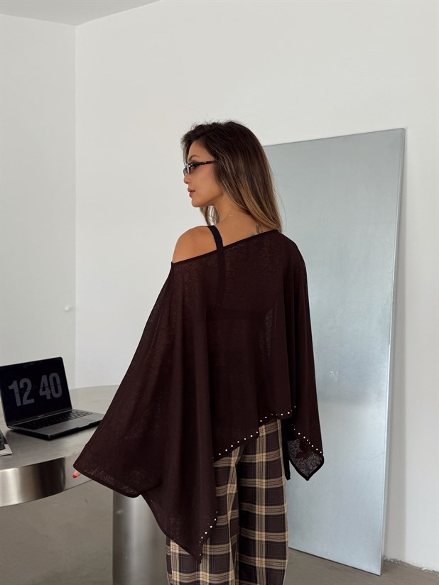 Altı Zımbalı Yarasa Bluz - Kahve