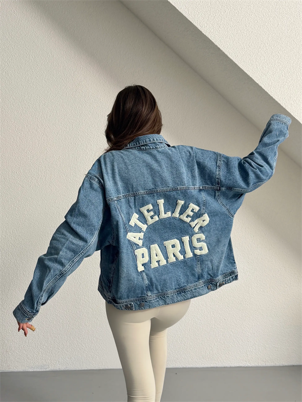 Arkası Nakışlı Denim Ceket - Mavi