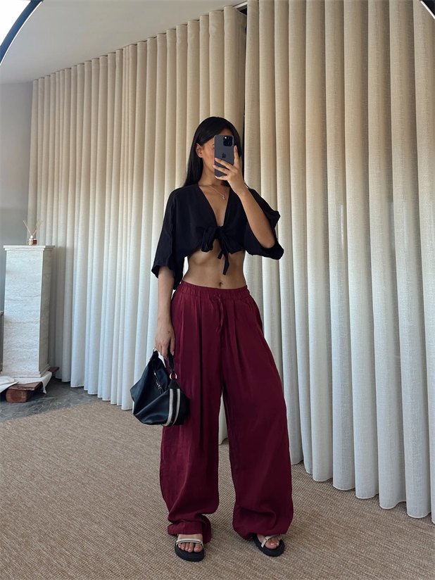 Modal Bağcıklı Palazzo Pantolon - Bordo