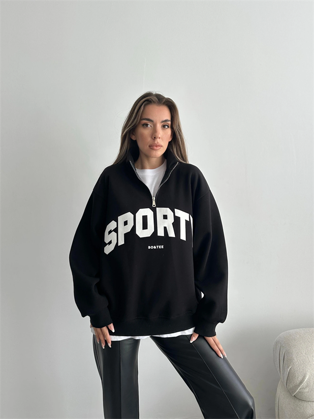 Sporty Yarım Fermuar Sweat - Siyah