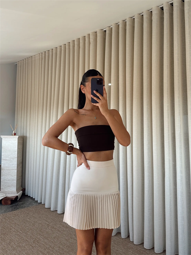 Yarım Piliseli Mini Etek - Taş