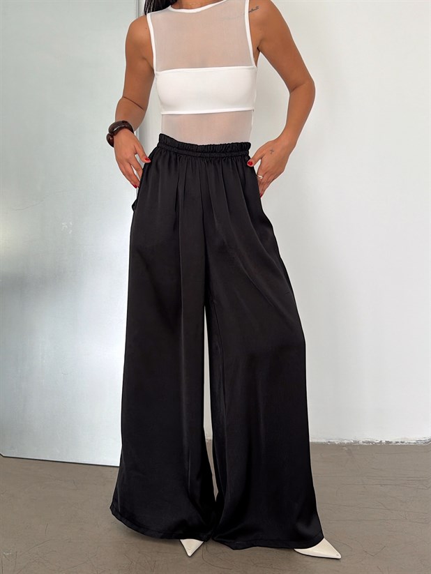 Bol Paça Saten Pantolon - Siyah