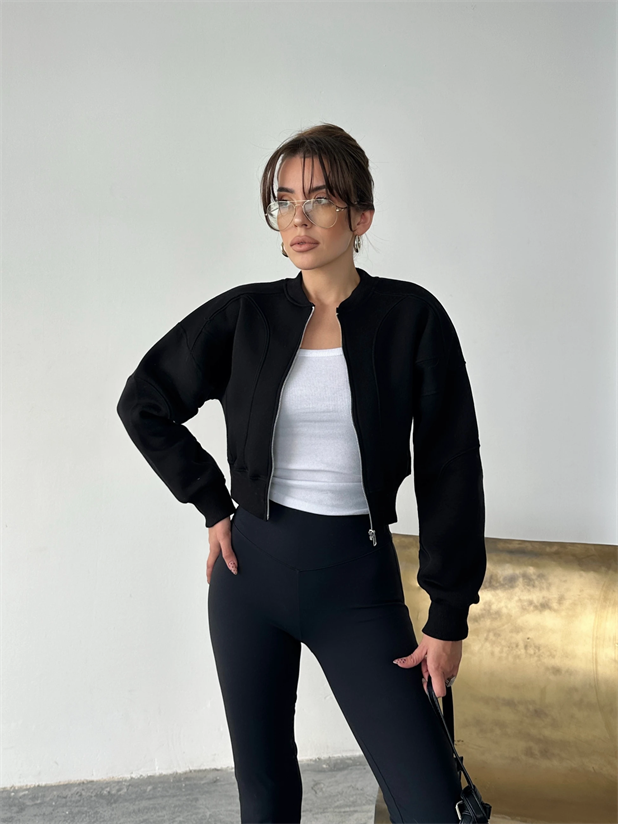 Bisiklet Yaka Fermuarlı Hırka - Siyah