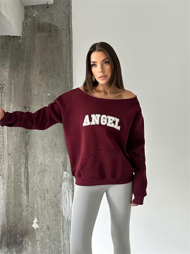 Angel Nakışlı Kayık Yaka Sweat - Bordo