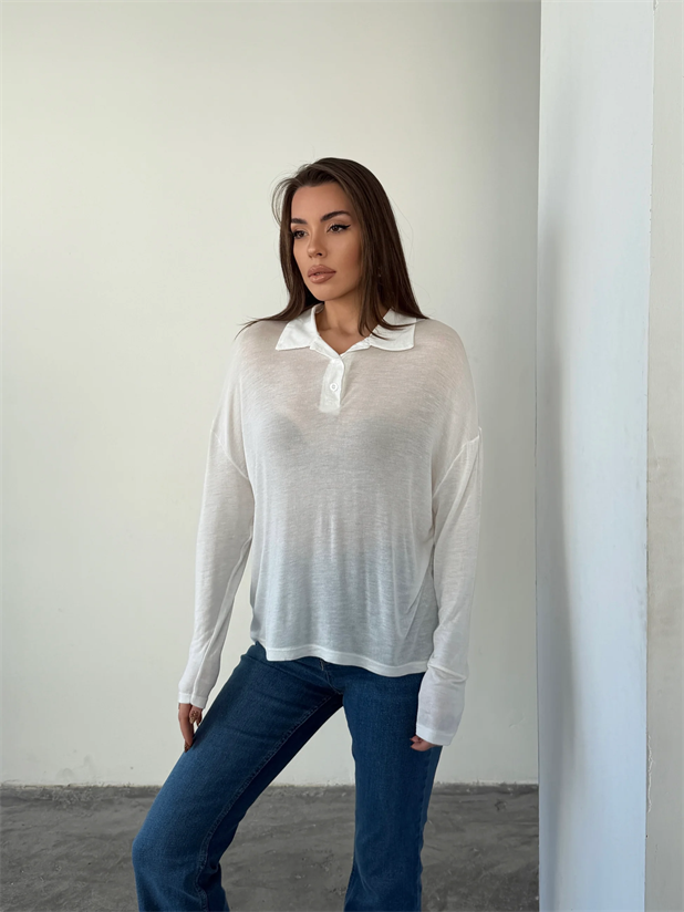 Polo Yaka Salaş Bluz - Beyaz