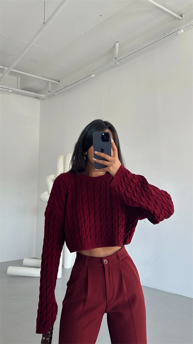 Saç Örgü Triko Crop Kazak Bordo - Bordo