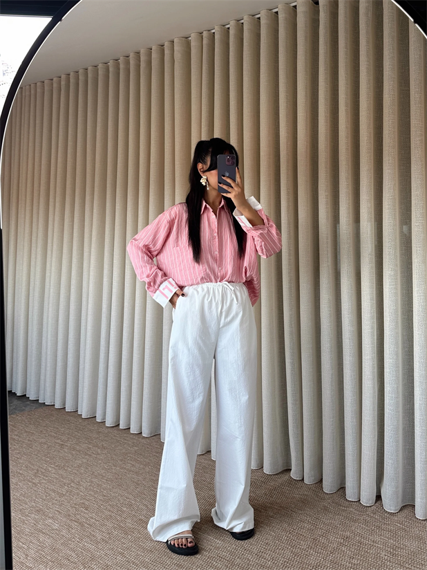 Çizgili Gömlekli Takım - Pudra Pembe