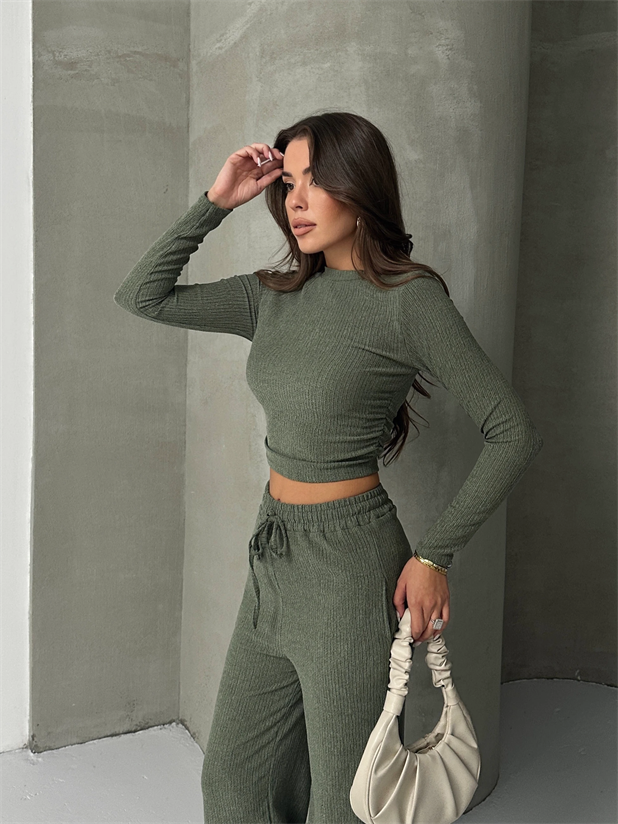 Yan Büzgü Bluz Pantolon Takım  - Haki