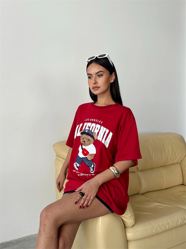 Oversize Bear Nakışlı T-shirt - Kırmızı