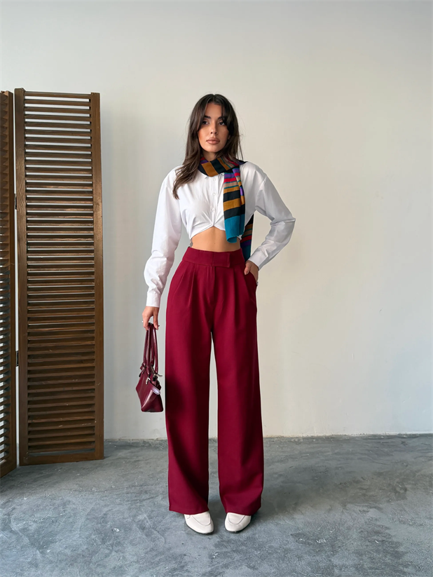 Bel Cırtlı Palazzo Pantolon  - Bordo