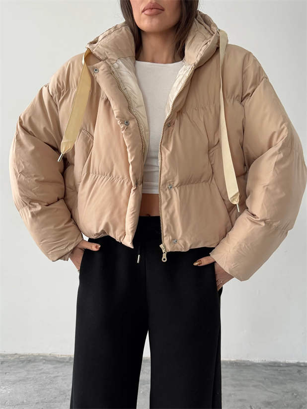 Oversize Kapüşonlu Şişme Mont - Taş