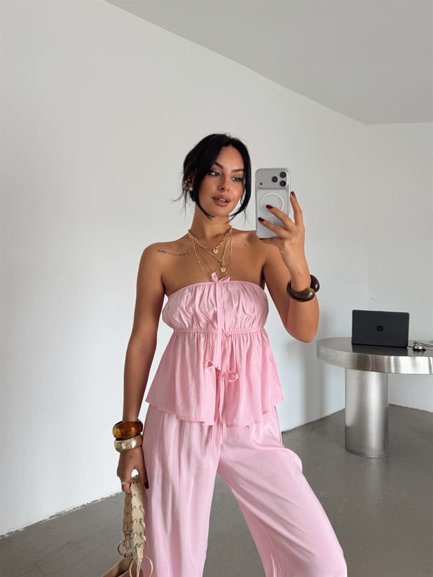 Straplez Keten Takım - Pembe