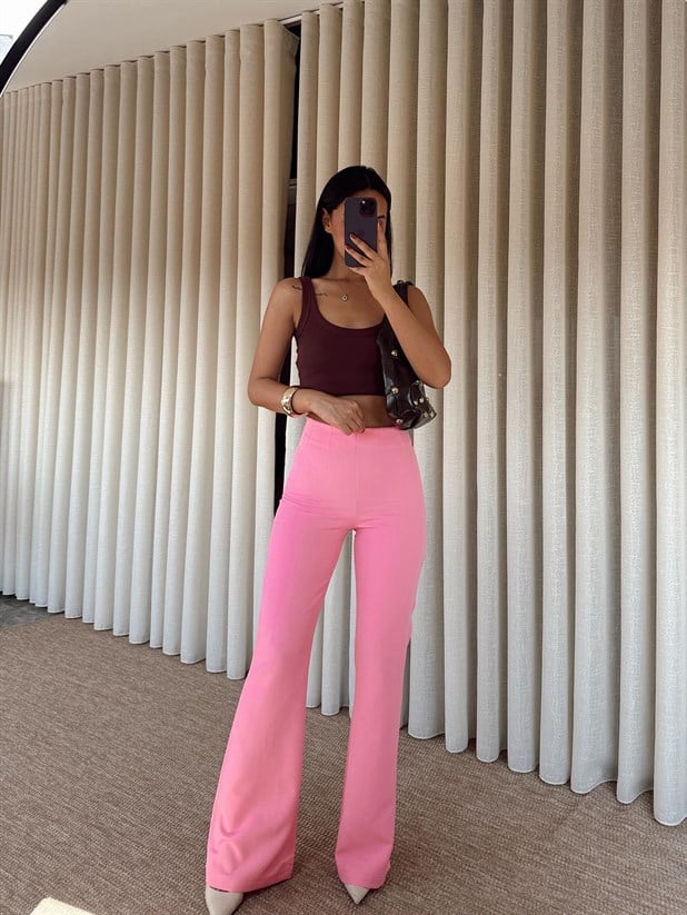 Yarım İspanyol Paça Pantolon - Pembe