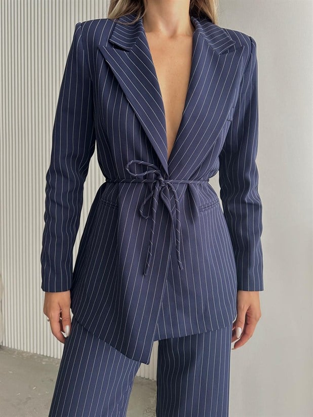 Bel Bağlama Line Blazer Ceket - Lacivert