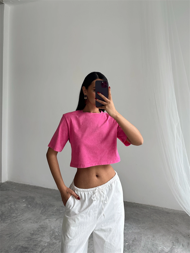Yıkamalı Vatkalı Crop Basic - Pembe